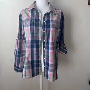 Tommy Hilfiger Blue Pink & Green Plaid/Stripe Cotton Button-Down Versatile XL